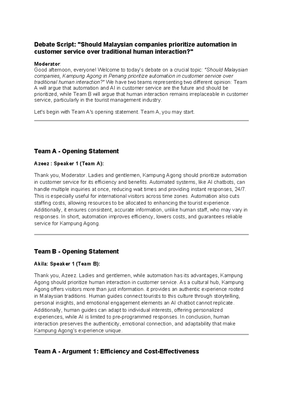 Debate Script Draft 3: Automation vs. Human Interaction in Customer ...