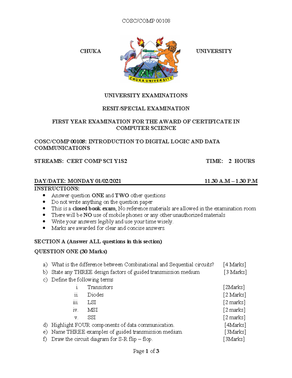 COSC/COMP 00108 - Resit Special Exam in Digital Logic & Data Comm - Studocu