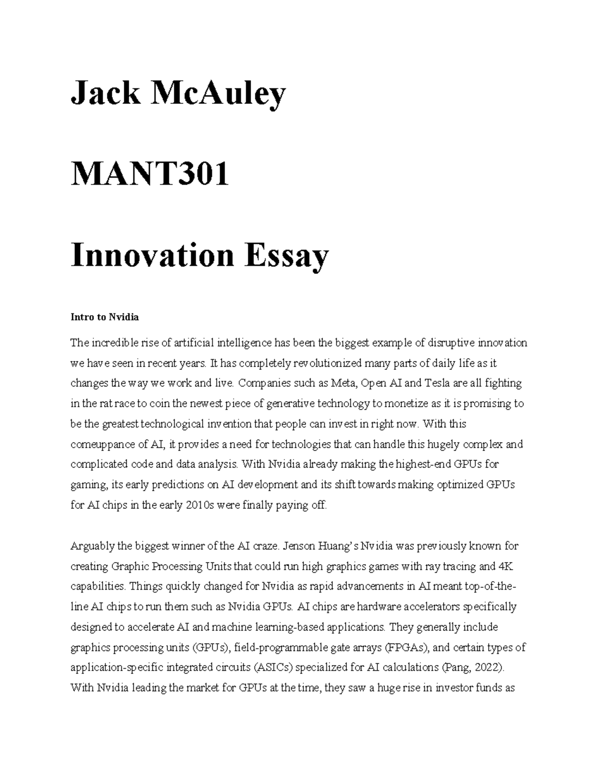 MANT301 Innovation Essay: The Rise of Nvidia in AI Technology - Studocu