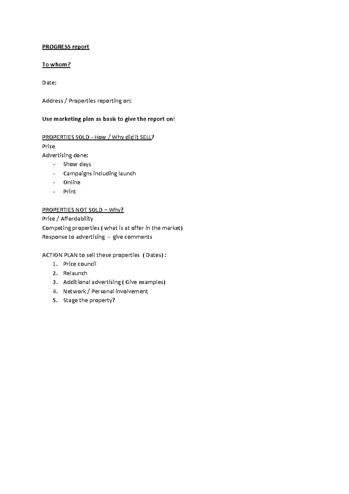 Progress report template - PROGRESS report To whom? Date: Address ...