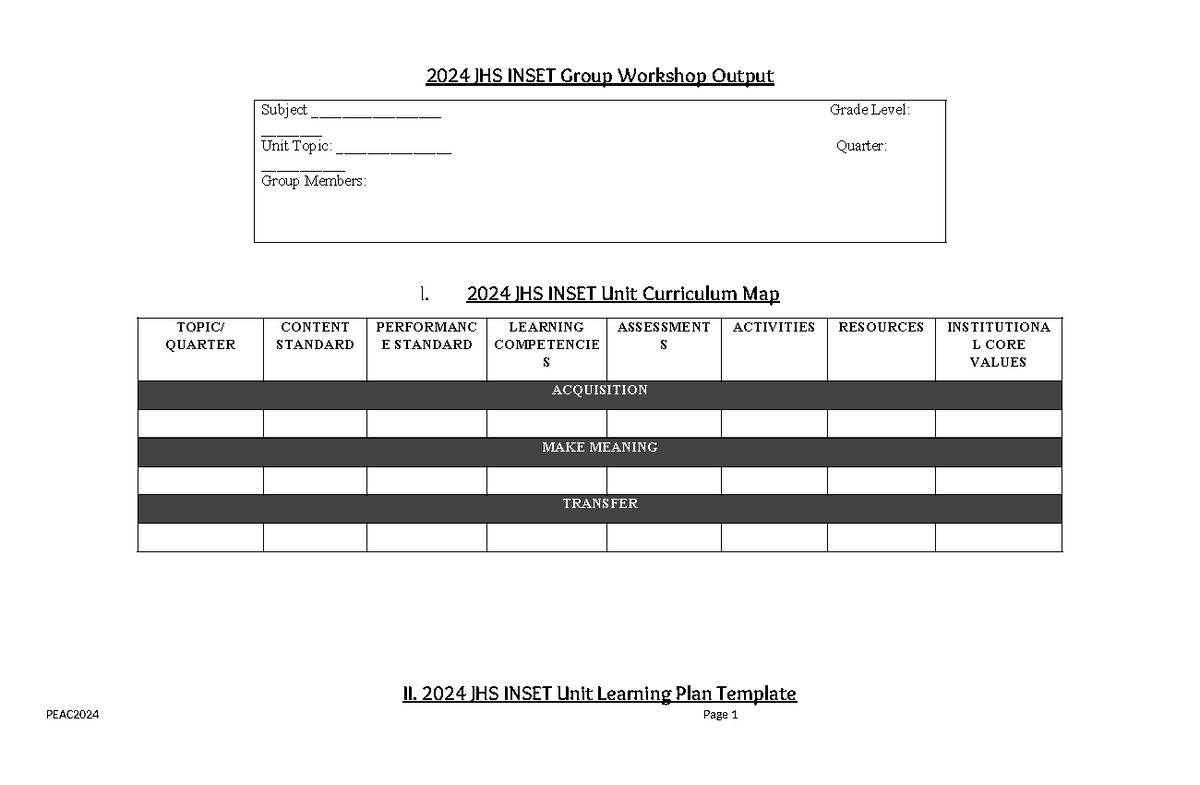 2024 JHS INSET Unit Learning Plan & Performance Task Guide PEAC2024 ...