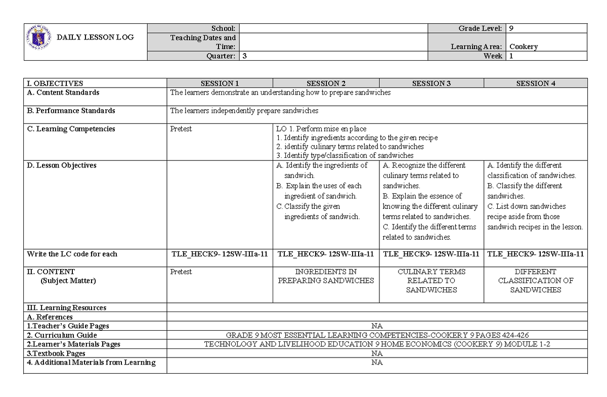 DAILY LESSON LOG: Cookery 9 - Week 1 Objectives & Activities - Studocu