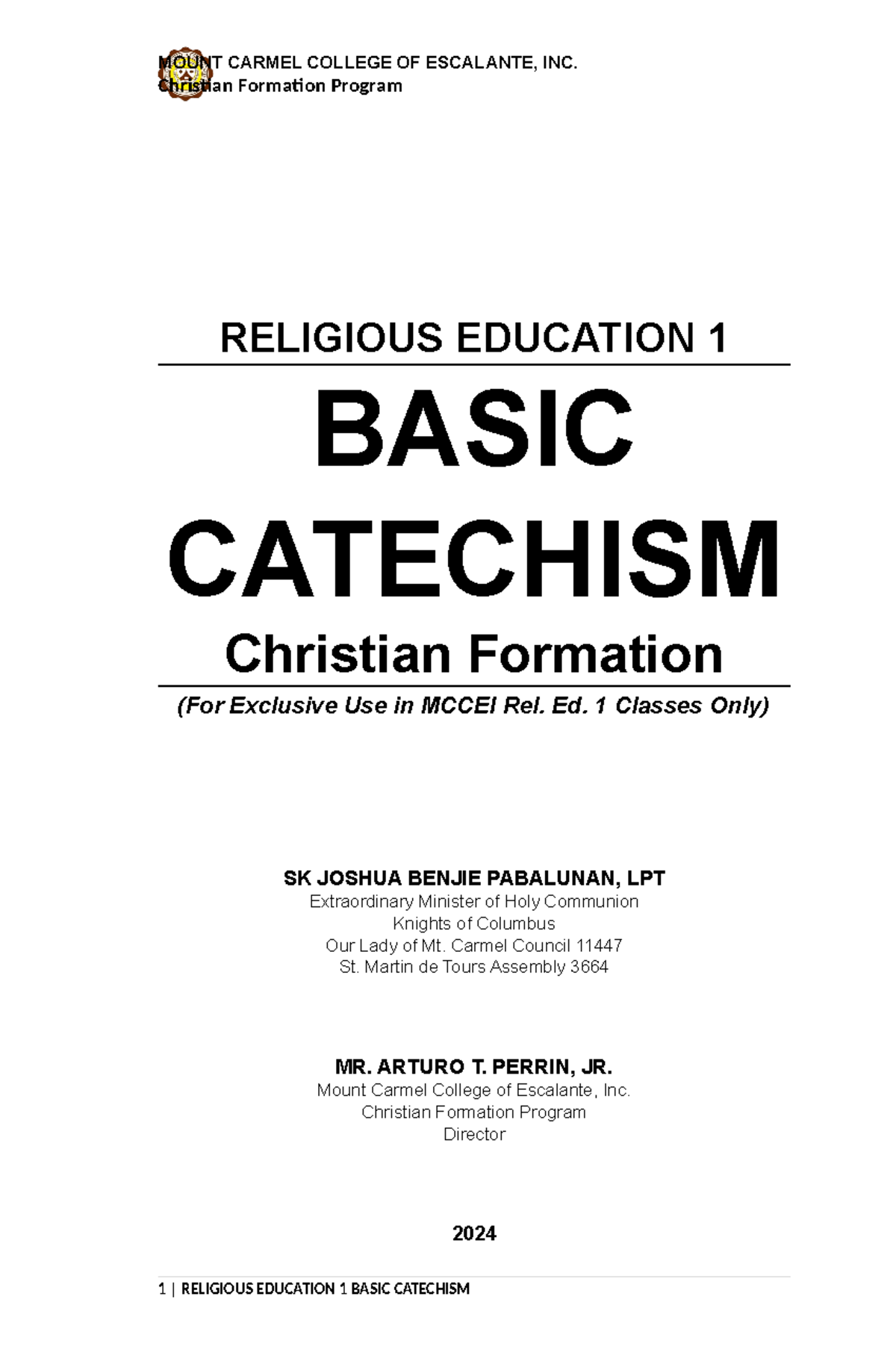 REL. ED. 1 - Christian Formation Program: Basic Catechism Notes - Studocu