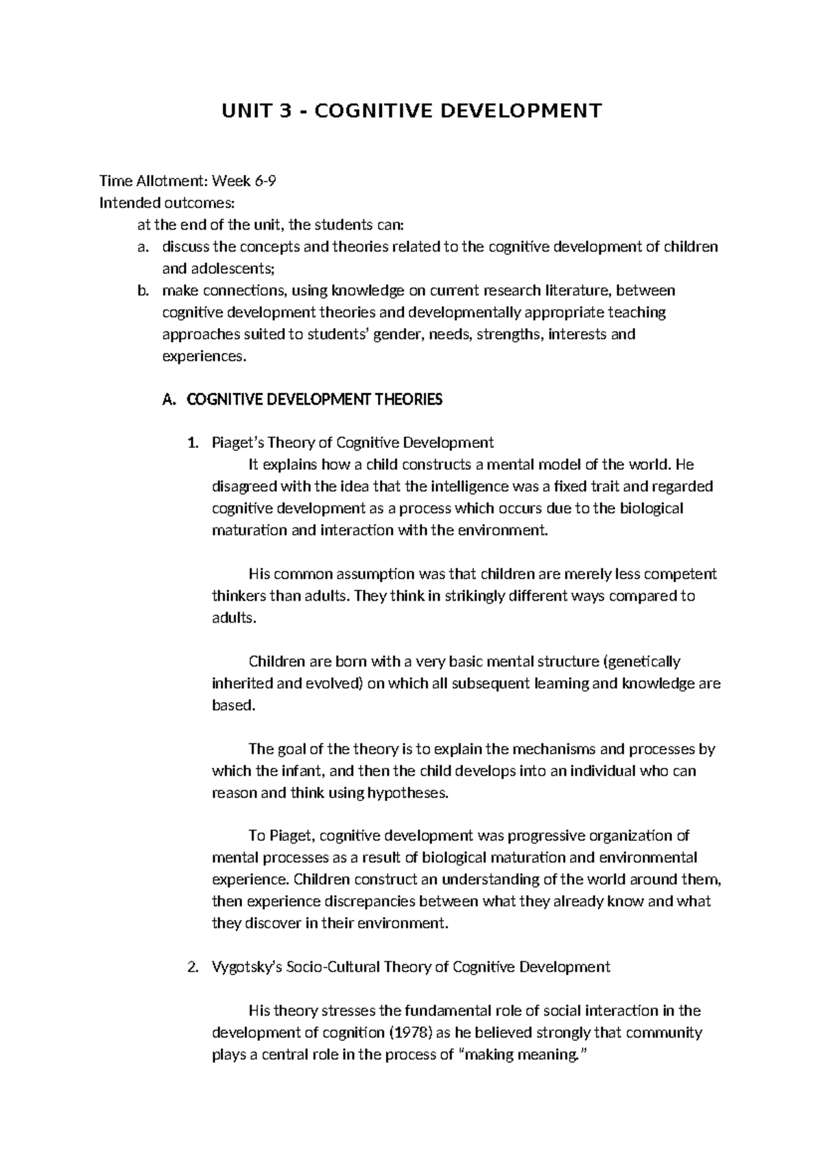 Cognitive Development Insights: Theories & Influences (PSY 101) - Studocu