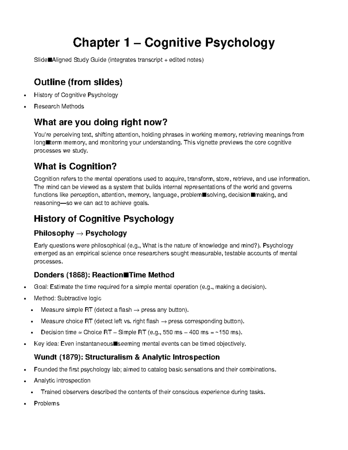 Chapter 1 Cognitive Psychology Slide Aligned Study Guide - Studocu