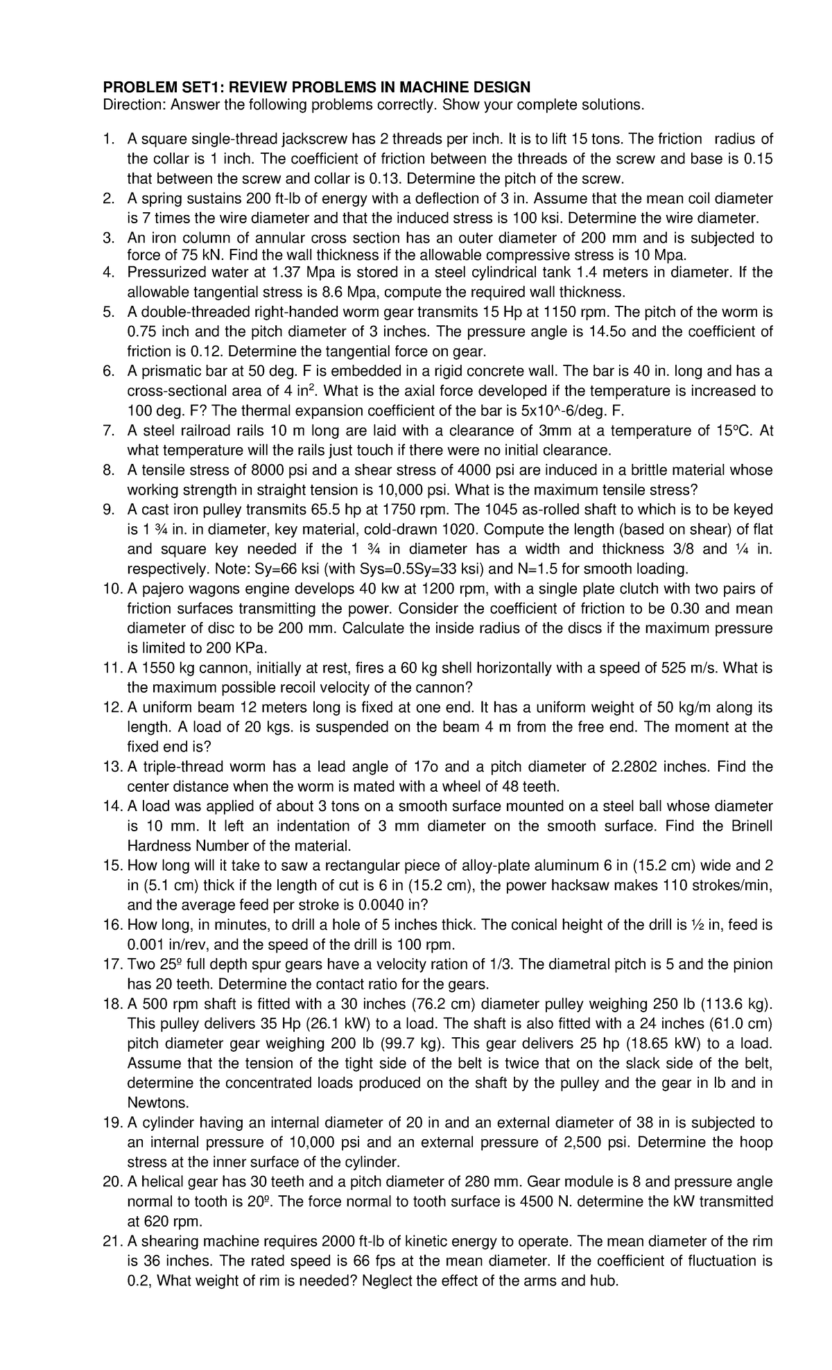 MACHINE DESIGN - PROBLEM SET 1 REVIEW QUESTIONS AND SOLUTIONS - Studocu