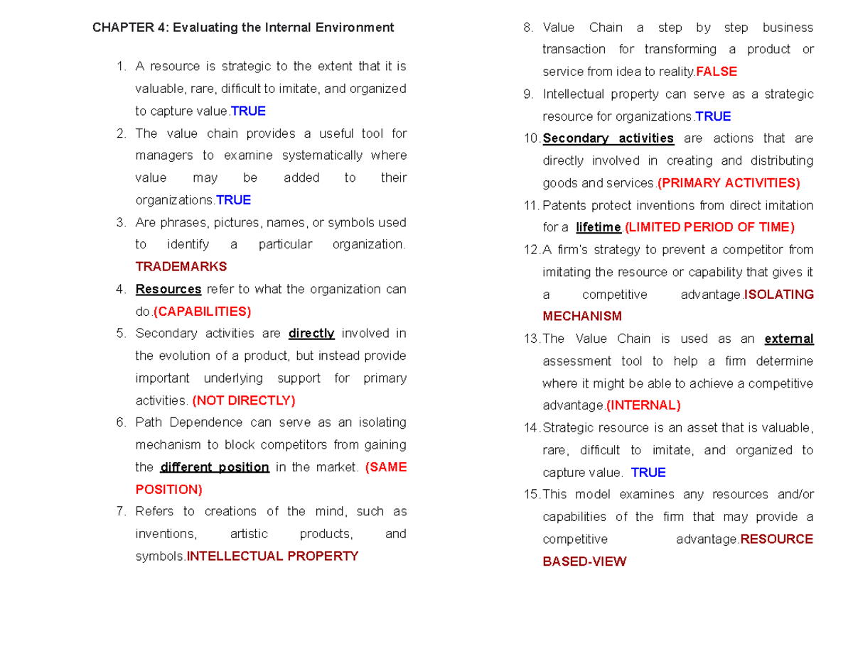 Strategic Management Notes: Evaluating Internal Environment (STRATMAN ...