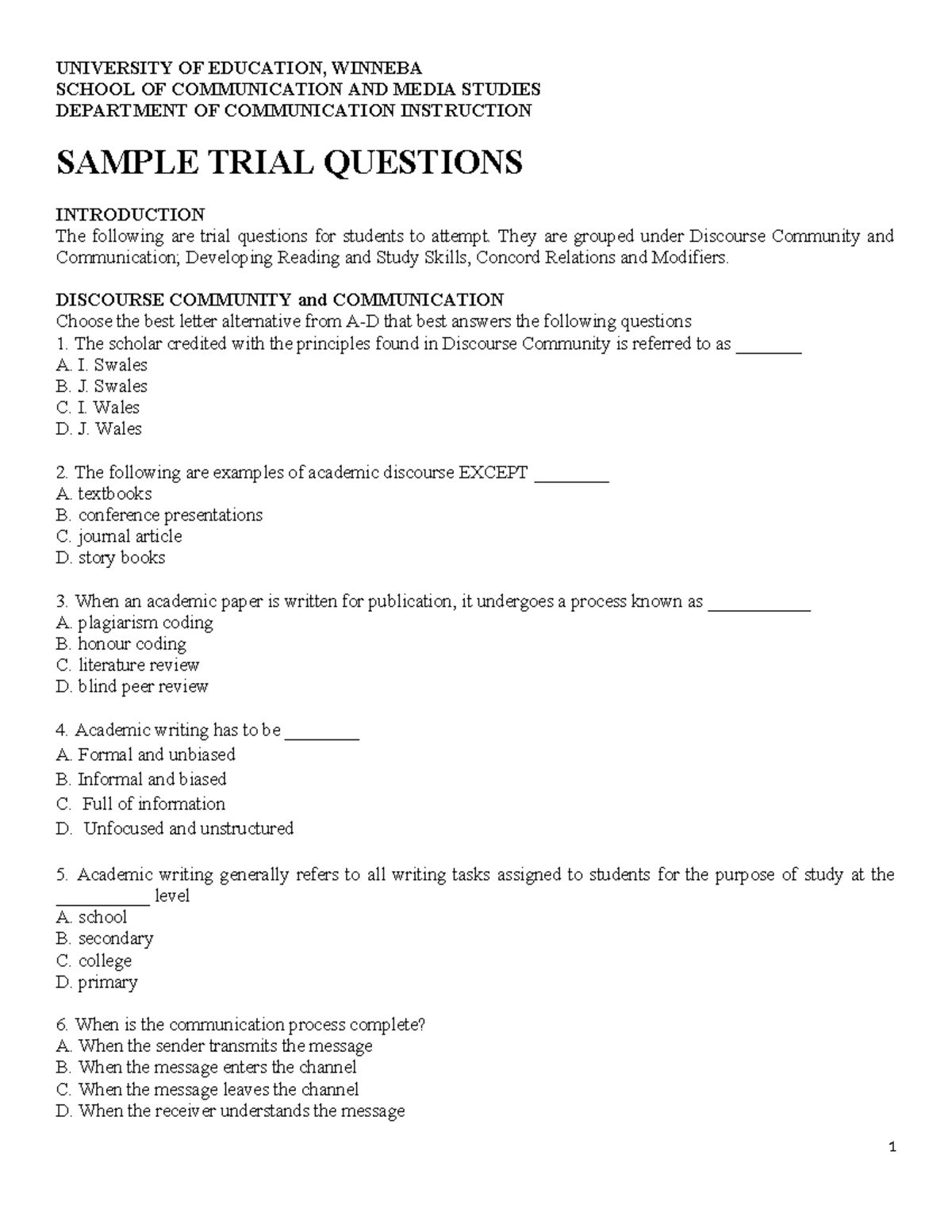 GPD 111 Sample Trial Questions on Discourse Community & Study Skills ...