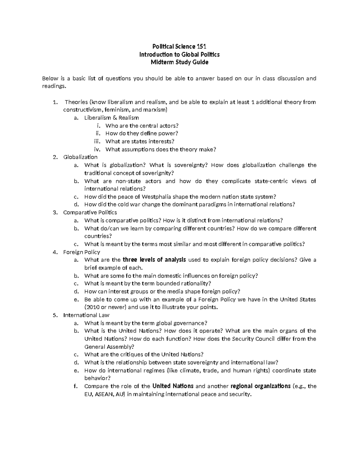 Political Science 151: Midterm Study Guide on Global Politics Concepts ...