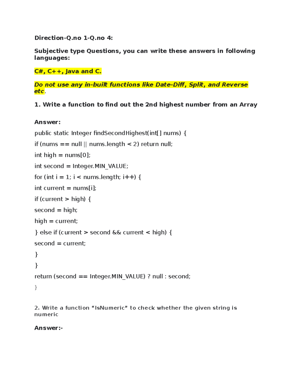 4: Coding Test Answers: Subjective Questions in Java & C - Studocu
