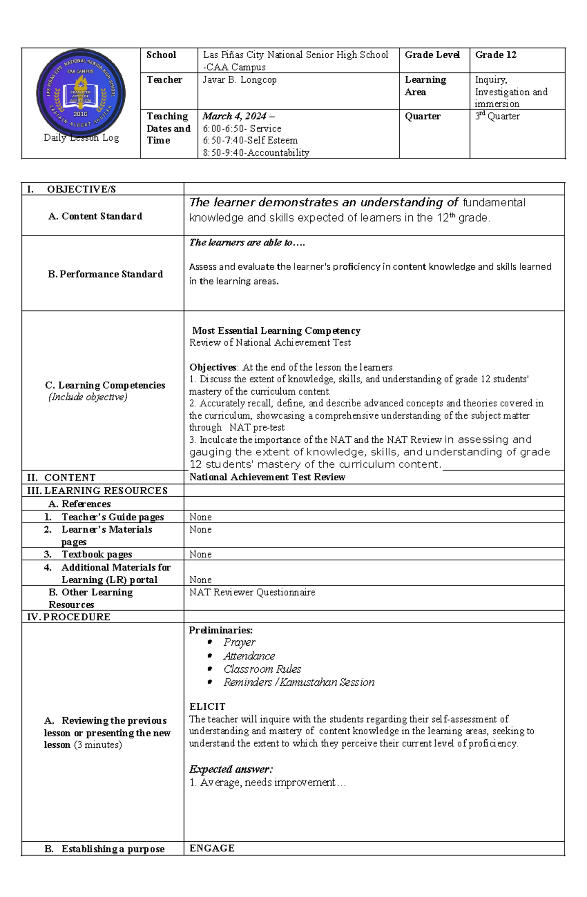 Grade 12 NAT Review Lesson Plan - March 4, 2024 - Studocu