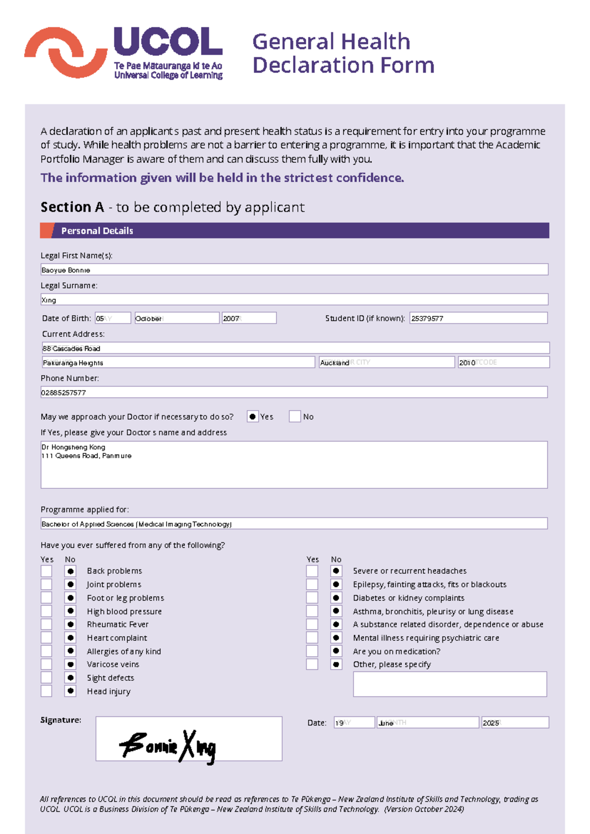 Health Declaration Form for Bachelor of Applied Sciences (Medical ...