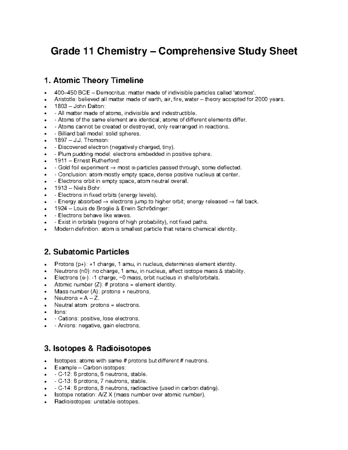 Grade 11 Chemistry Study Sheet: Atomic Theory & Periodic Trends