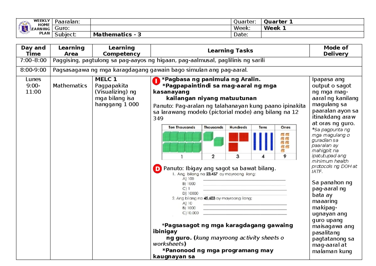 Weekly Home Learning Plan (WHLP) for Grade 3 - Q1 Week 3 - Studocu