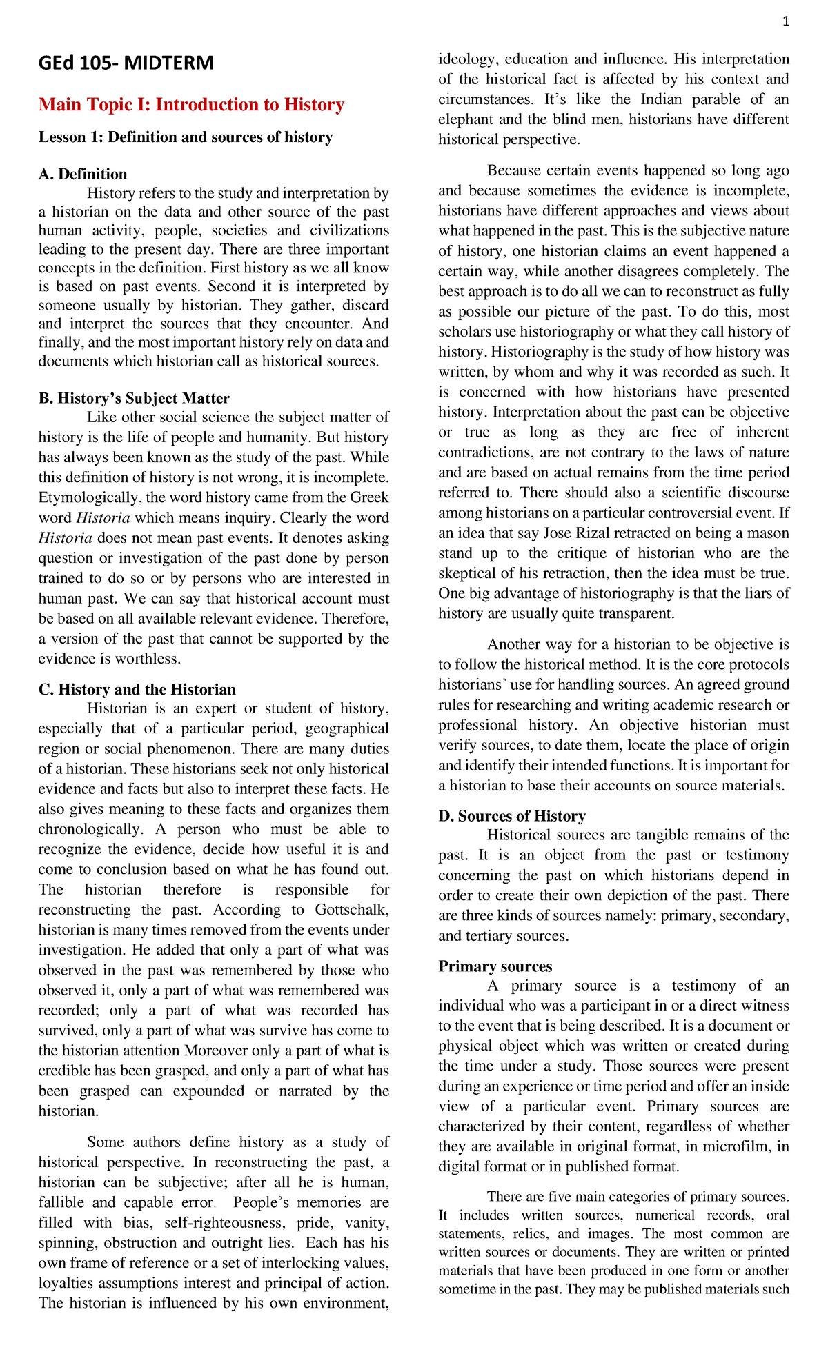 GEd-105-midterm Reviewer - GEd 105- MIDTERM Main Topic I: Introduction ...