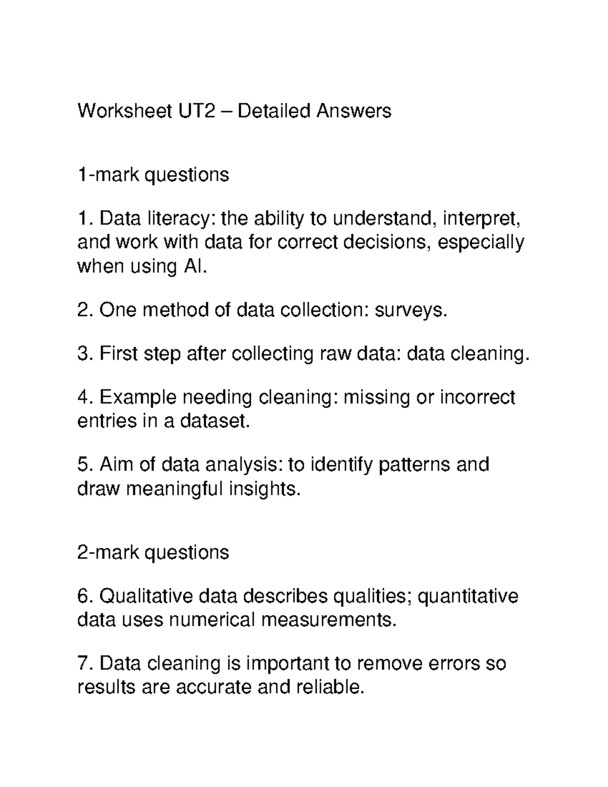 Worksheet UT2: Comprehensive Answers on Data Literacy and Analysis ...