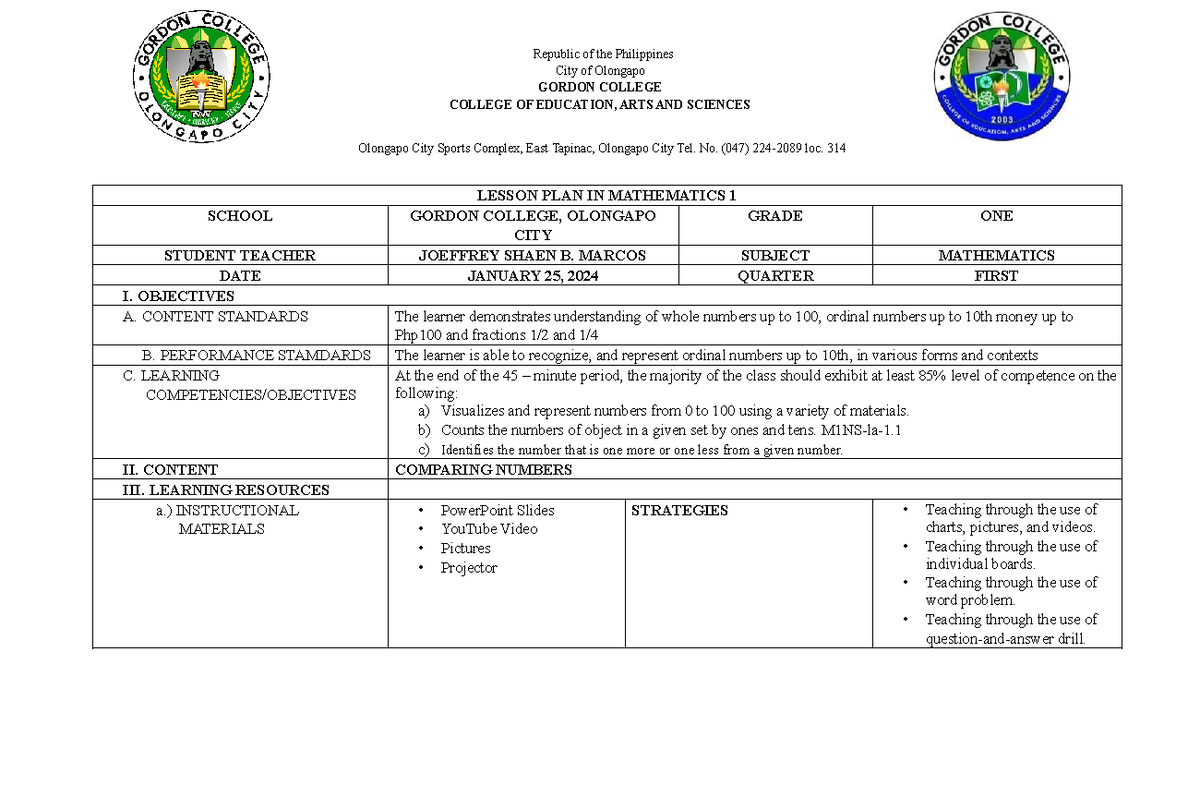 Mathematics Lesson Plan DLP for Grade 1 - Gordon College - Studocu