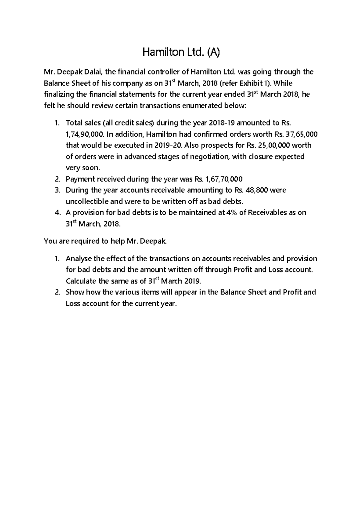 478405472 Hamilton Ltd. (A) Financial Analysis & Reports - Studocu