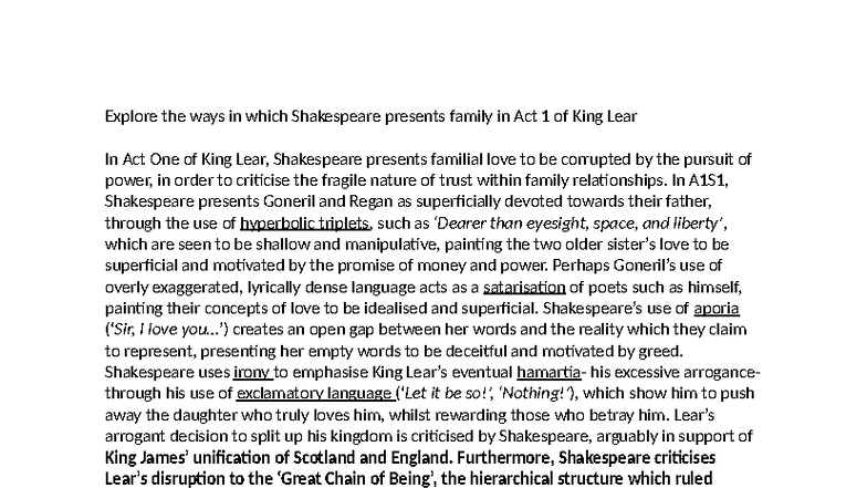 Shakespeare's Presentation of Family Dynamics in King Lear Act 1 - Studocu