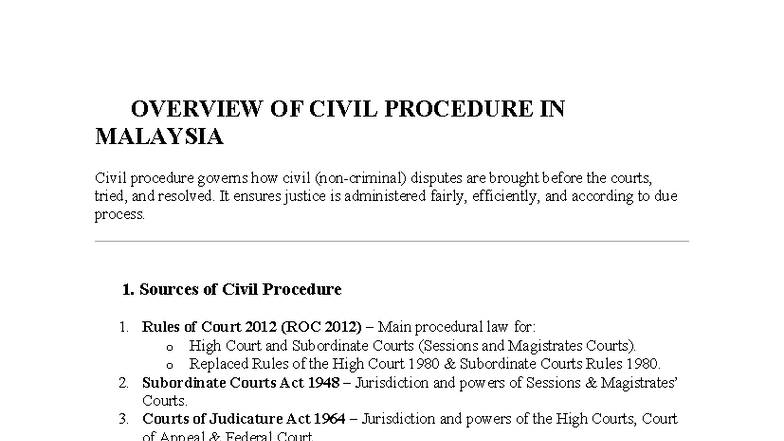 CIVIL PROCEDURE OVERVIEW IN MALAYSIA: KEY SOURCES & STRUCTURE - Studocu