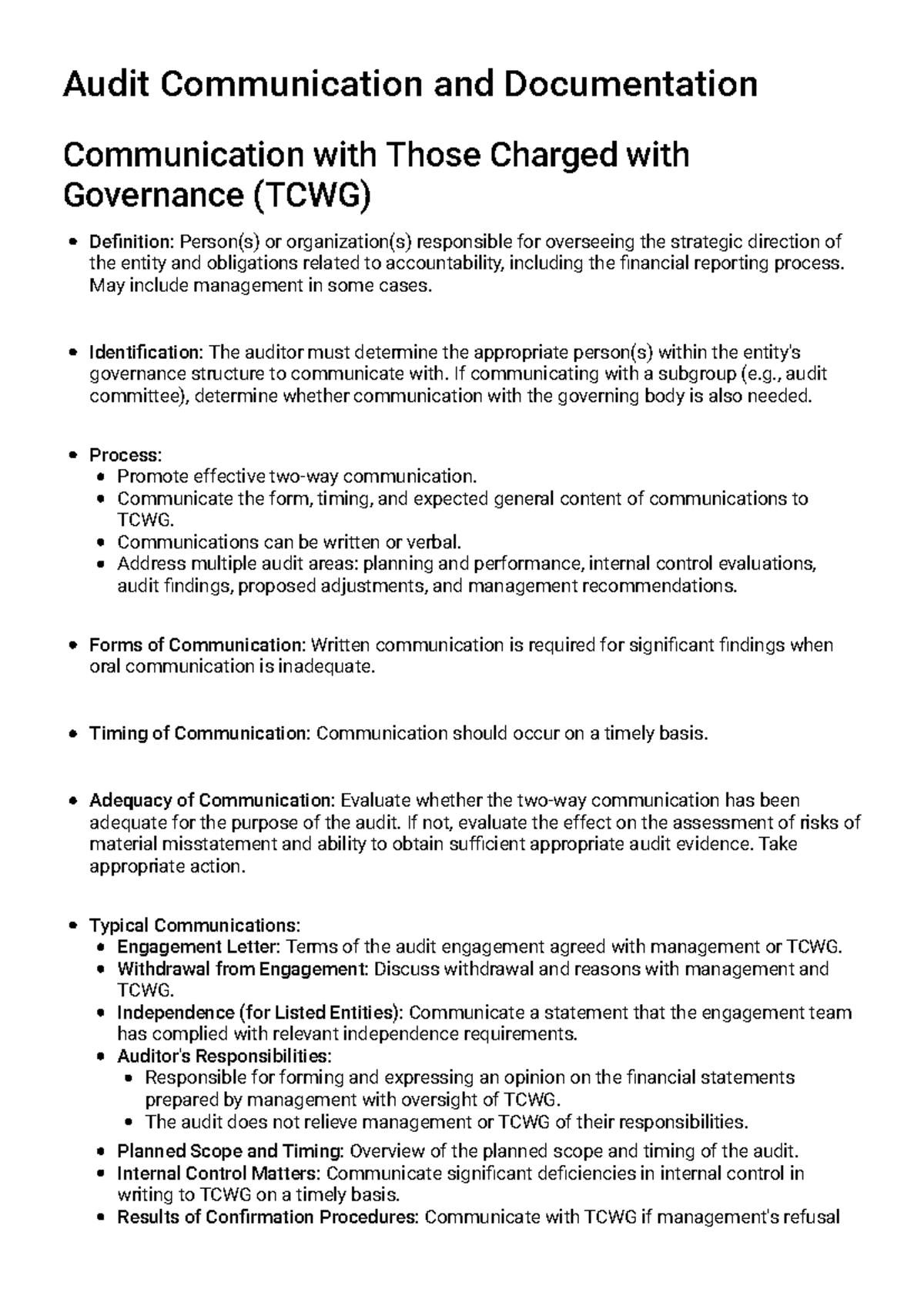 Audit Communication and Documentation: Study Guide for TCWG - Studocu