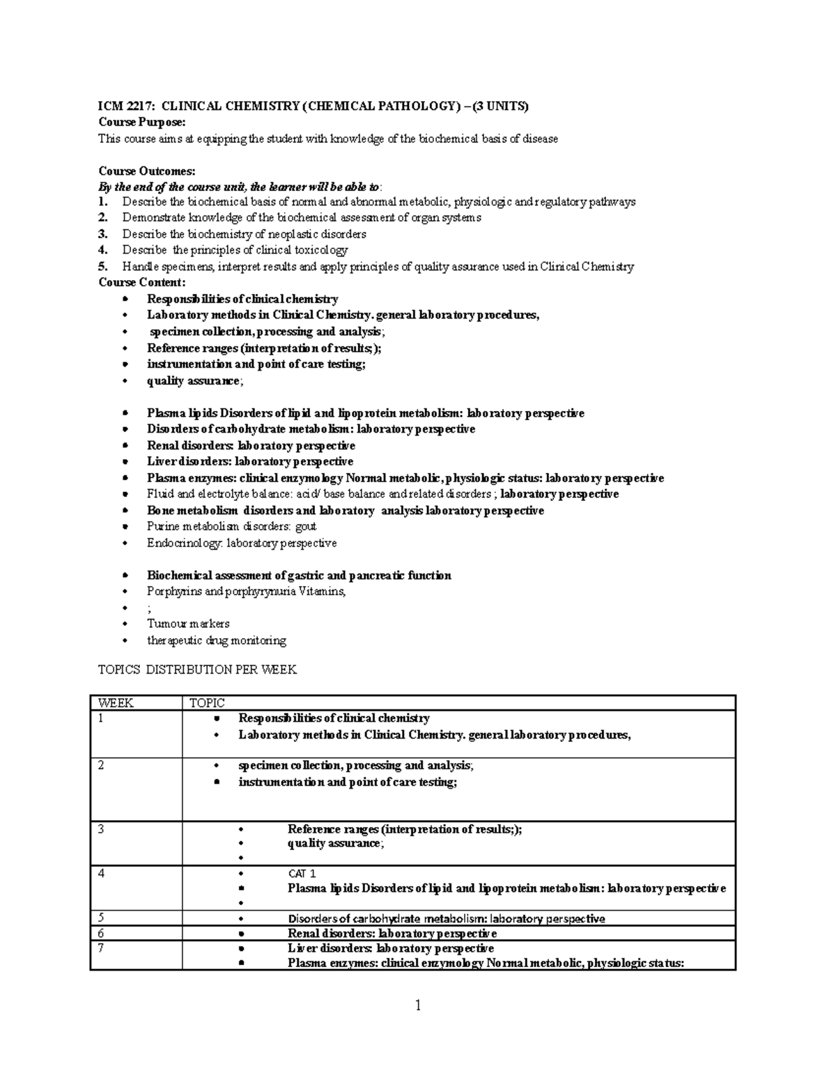ICM 2217: Clinical Chemistry - LECTURE NOTES and Key Concepts - Studocu