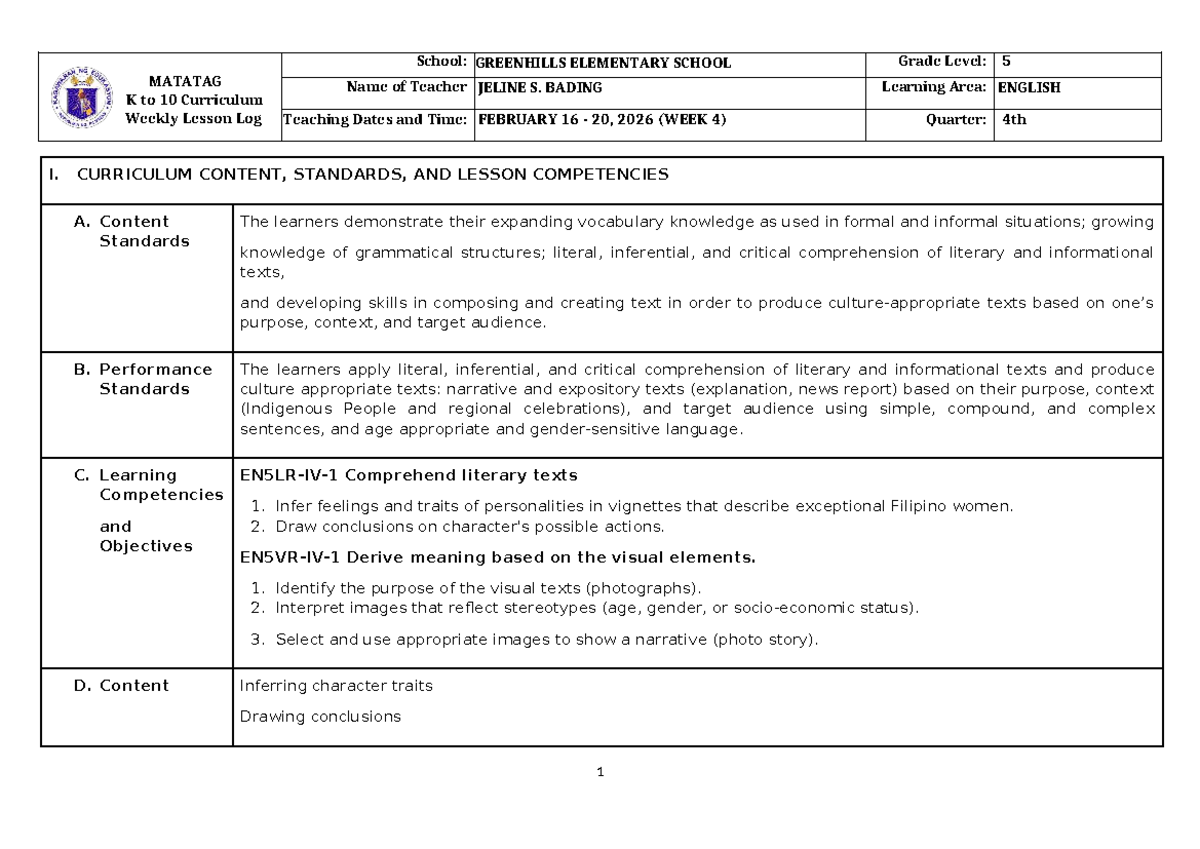 DTC DLL Matatag English 5 Weekly Lesson Log - Q4 W4 - Studocu