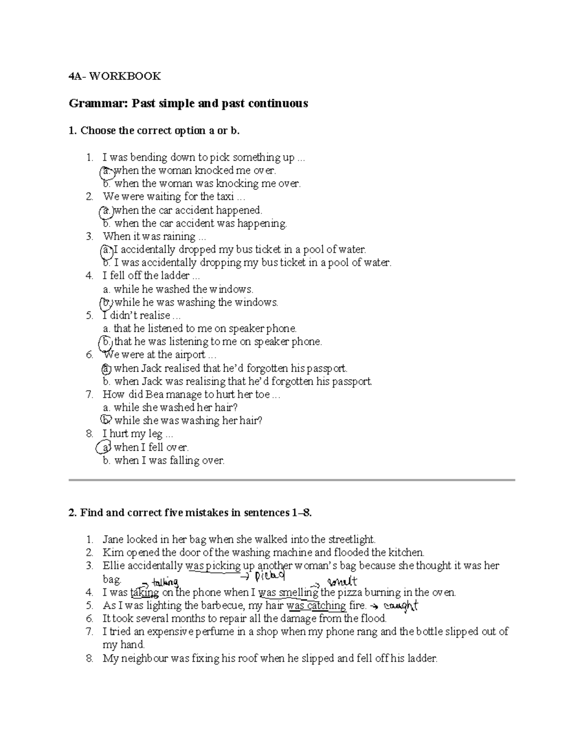 4A-Workbook: Grammar Exercises on Past Simple & Continuous - Studocu