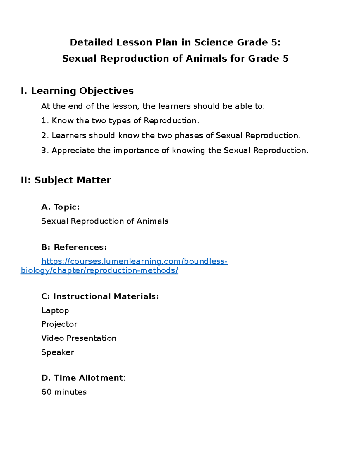 Grade 5 Science Detailed Lesson Plan: Sexual Reproduction of Animals ...
