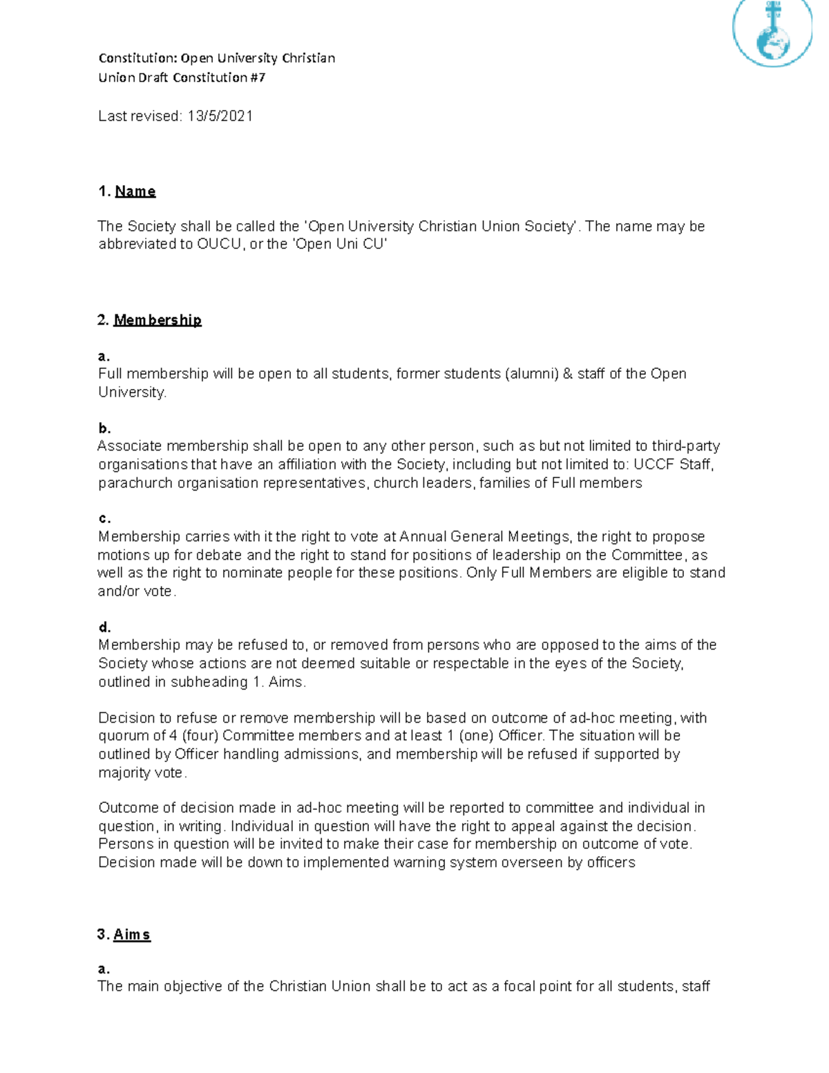 Open University Christian Union draft constitution and membership ...