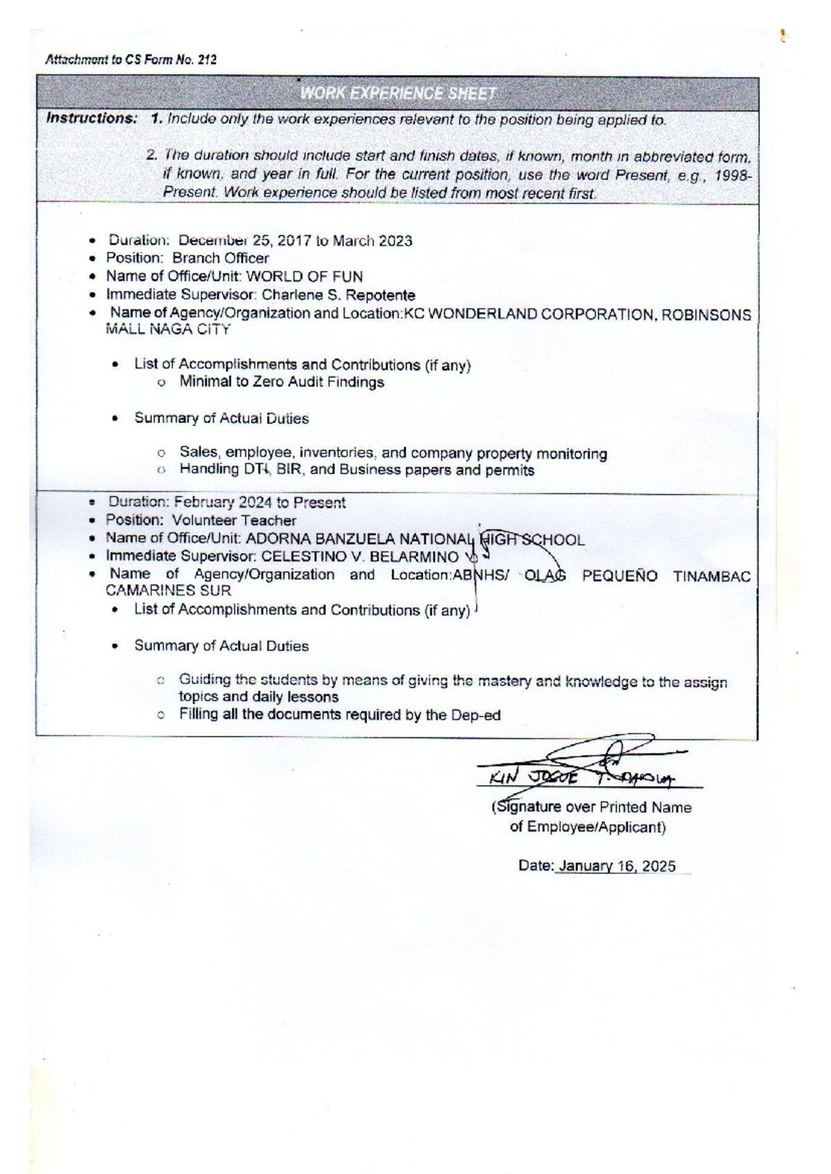CS Form No. 212: Work Experience Sheet Instructions and Examples - Studocu