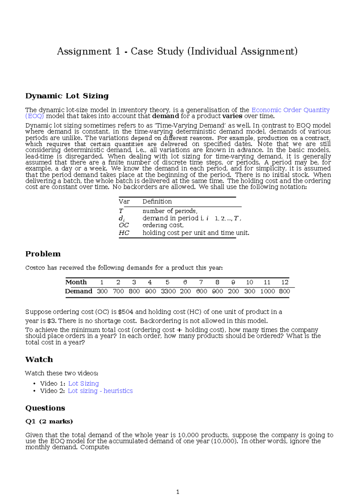 A1 Dynamic Lot Sizing - Assignment 1 - Operation Management ...