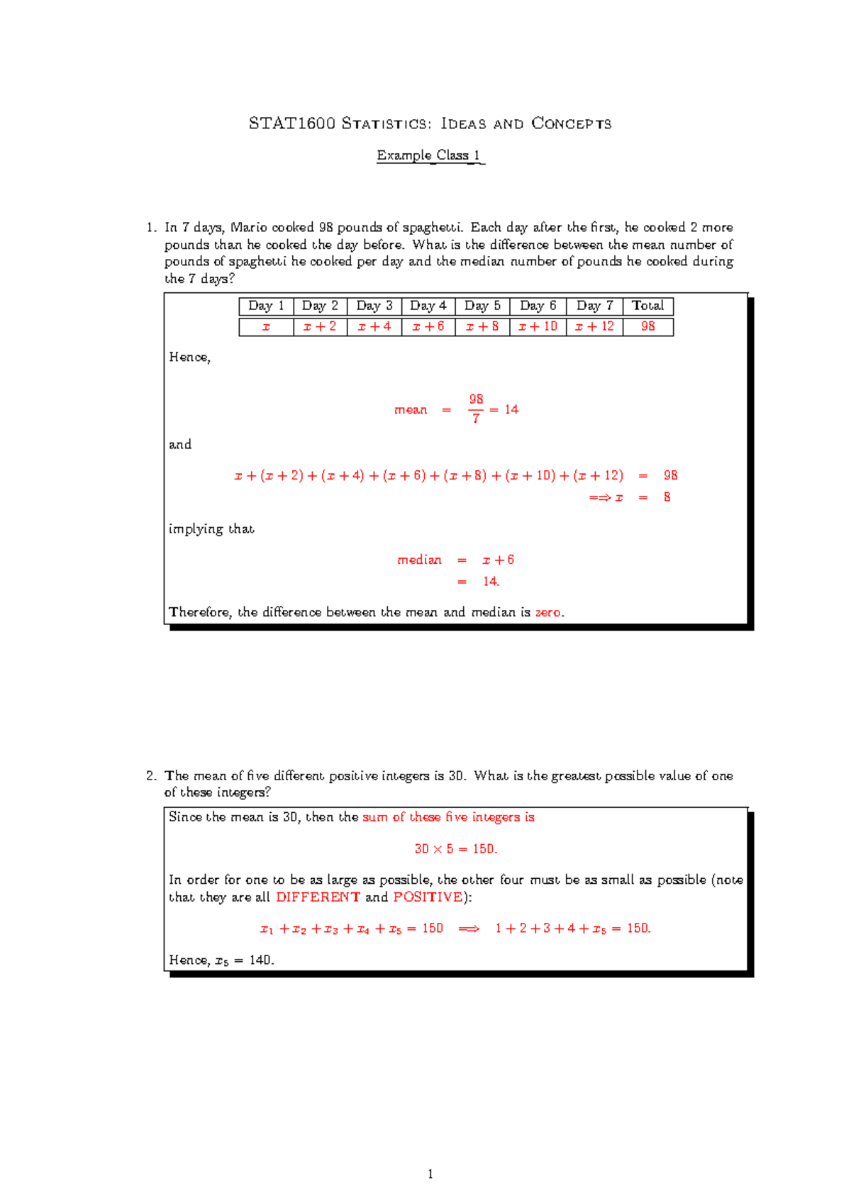 STAT1600 Example Class 1 Solutions: Statistical Concepts and Methods ...