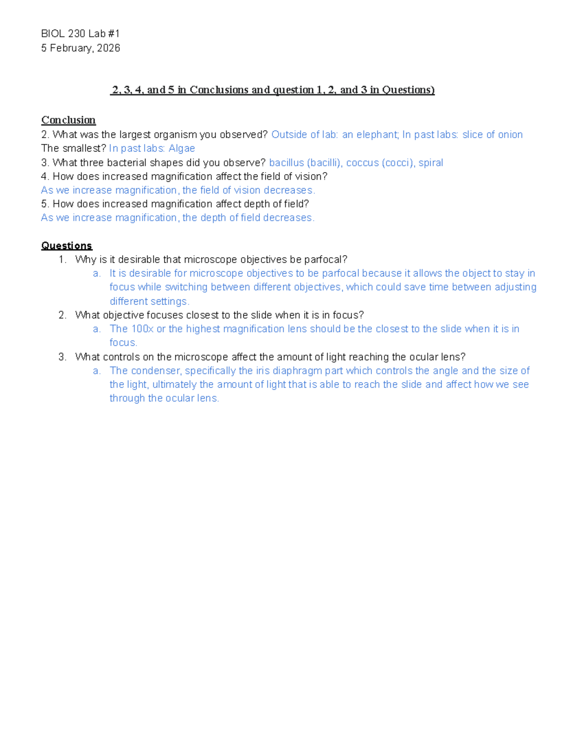 BIOL 230 Lab#1 - Conclusions and Questions on Microscopy - Studocu