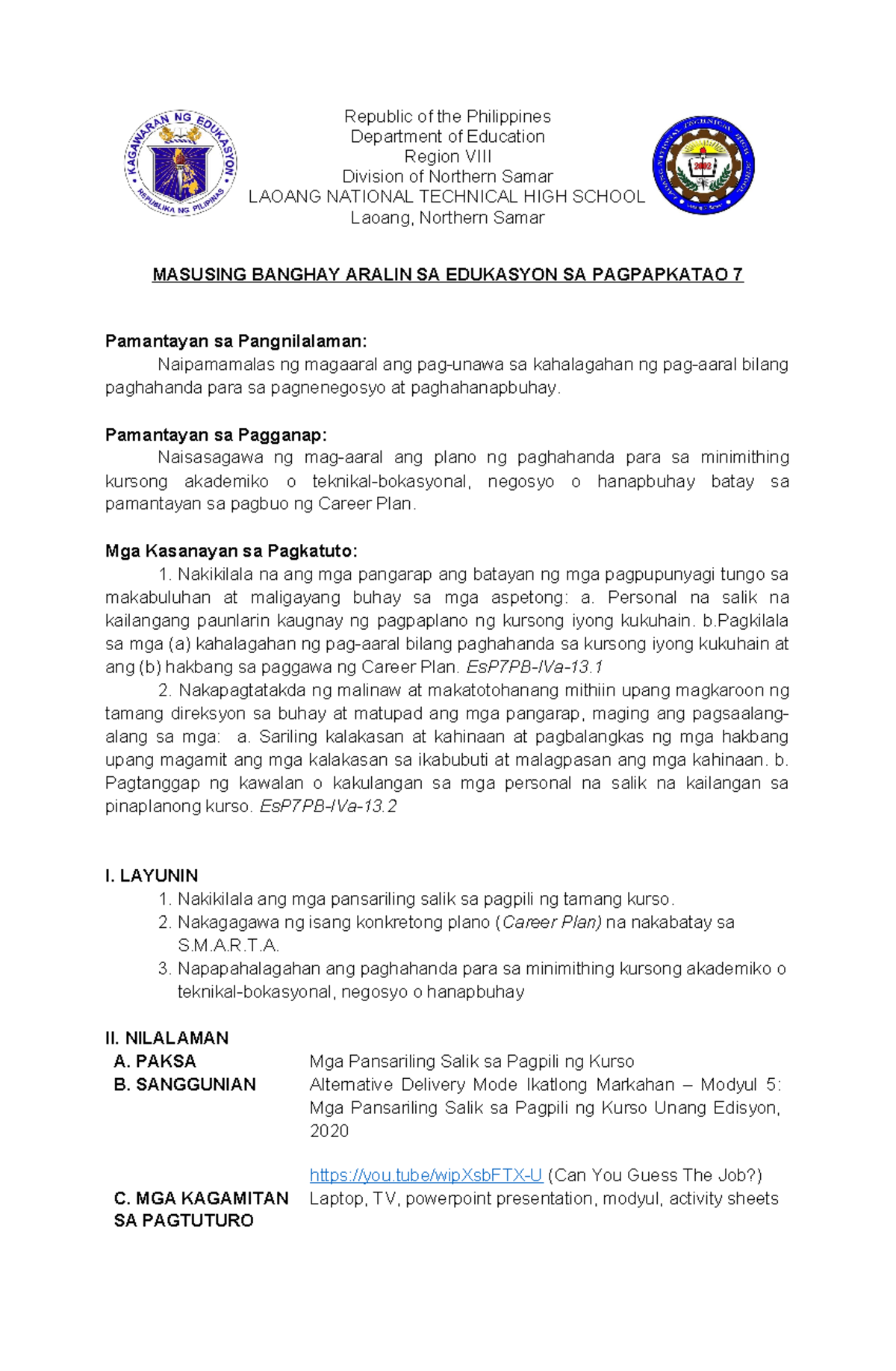 ESP COT LP - A lesson plan in values education. - Republic of the ...