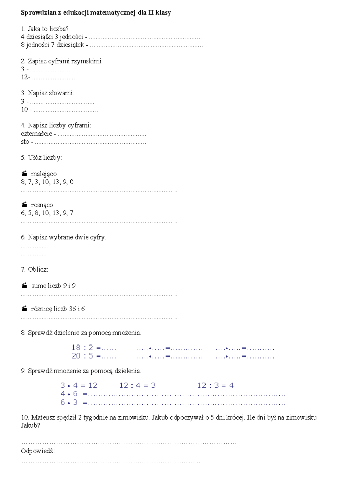 Sprawdzian z edukacji matematycznej dla II klasy - 2023 - Studocu