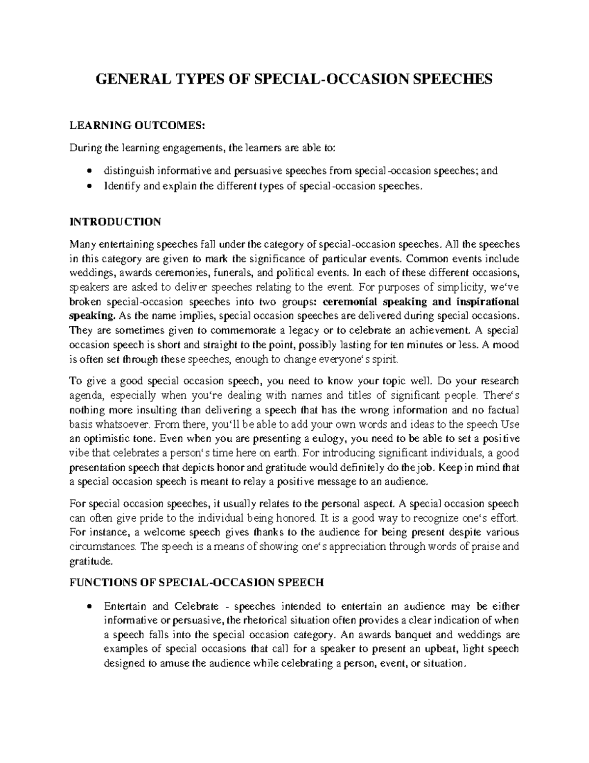 General Types OF Special - GENERAL TYPES OF SPECIAL-OCCASION SPEECHES