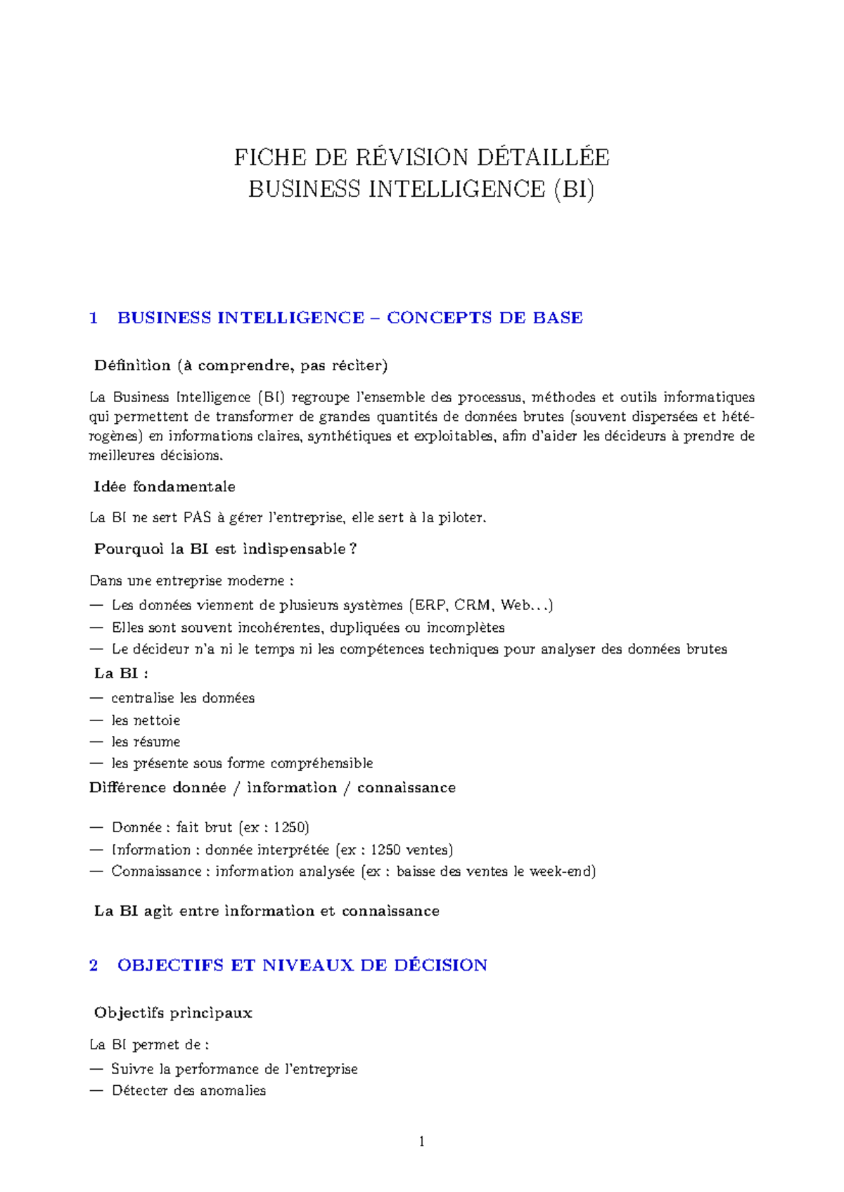 Résumé Clair sur le Module BI 1 : Concepts de Base et Applications ...