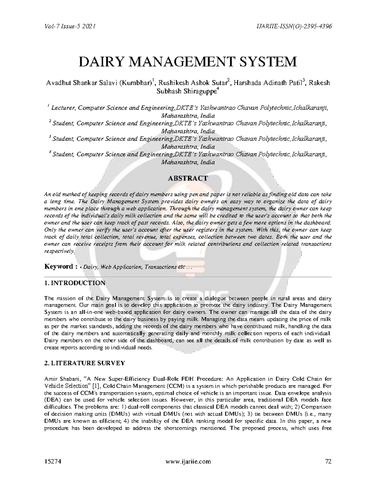 Dairy Management System - Vol-7 Issue-5 2021 IJARIIE-ISSN(O)-2395 ...