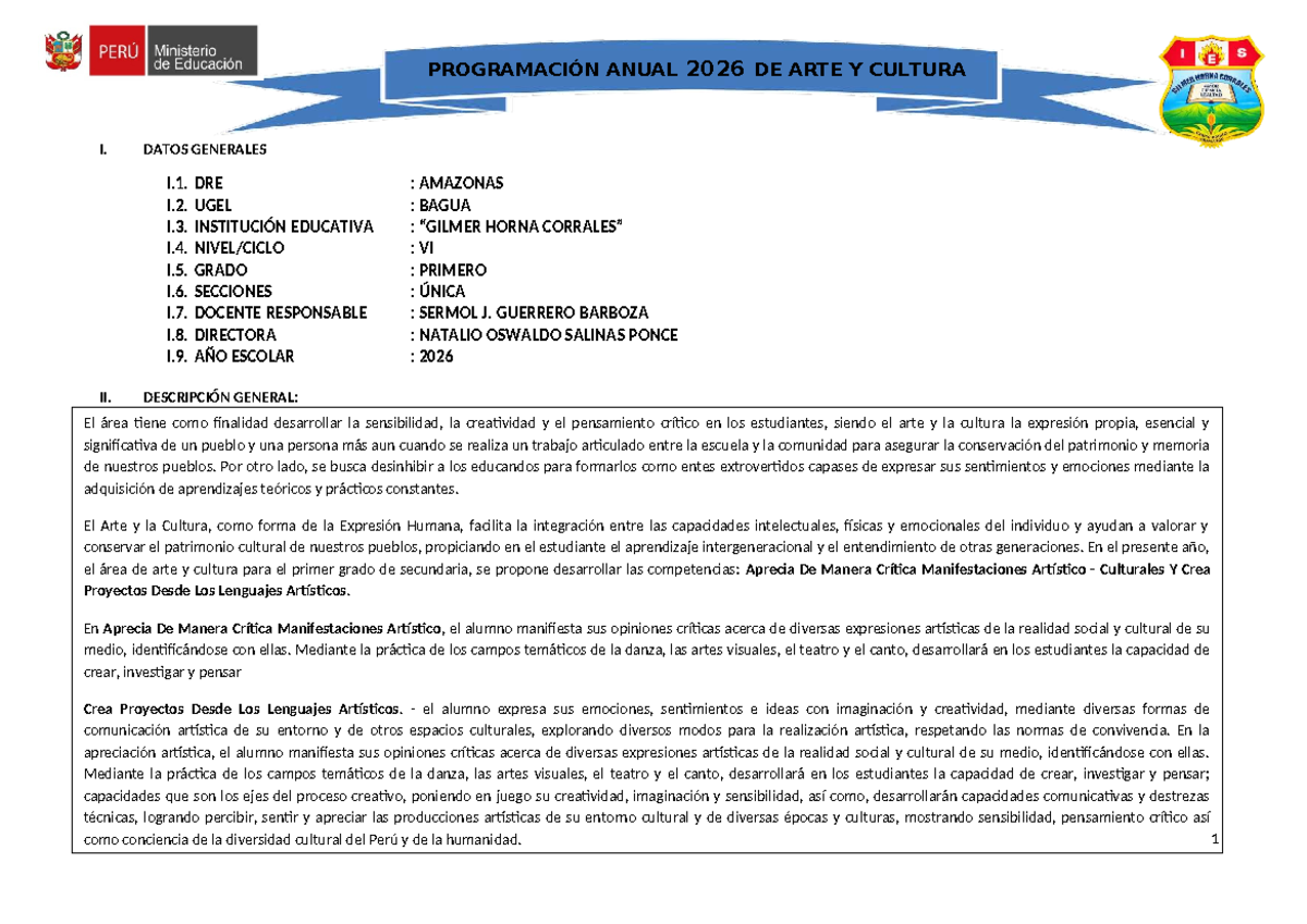 Programación Anual 2026 de Arte y Cultura I - Primer Grado - Document Preview
