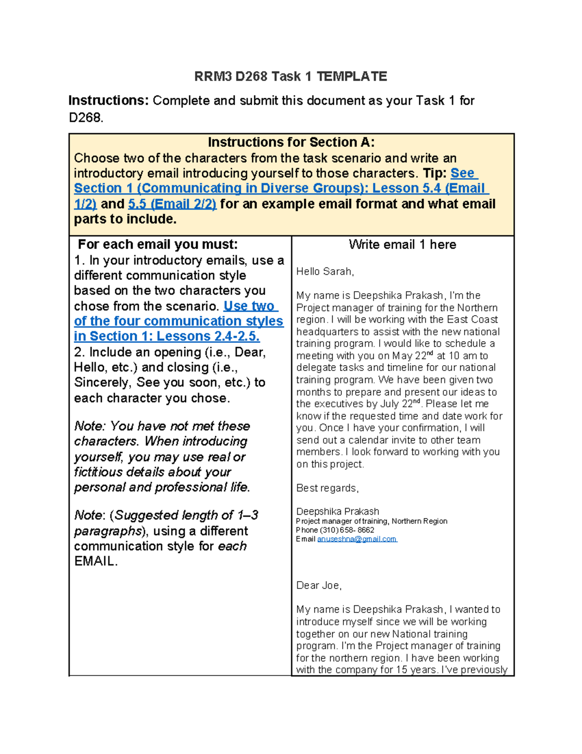 RRM3 D268 Task 1: Character Introduction Email Template - Studocu
