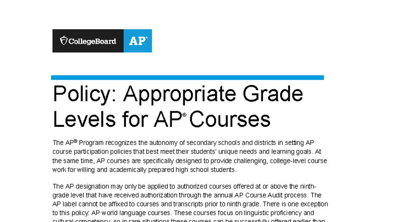 AP Policy: Appropriate Grade Levels for AP Courses - Studocu