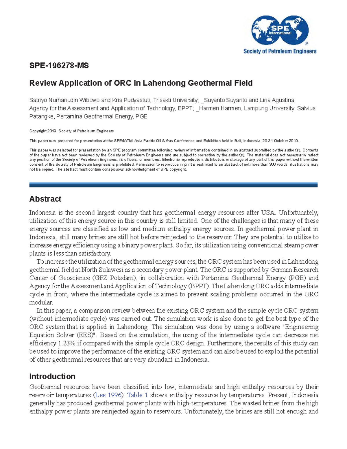 Review of ORC Application in Lahendong Geothermal Field (WIBOWO 2019 ...