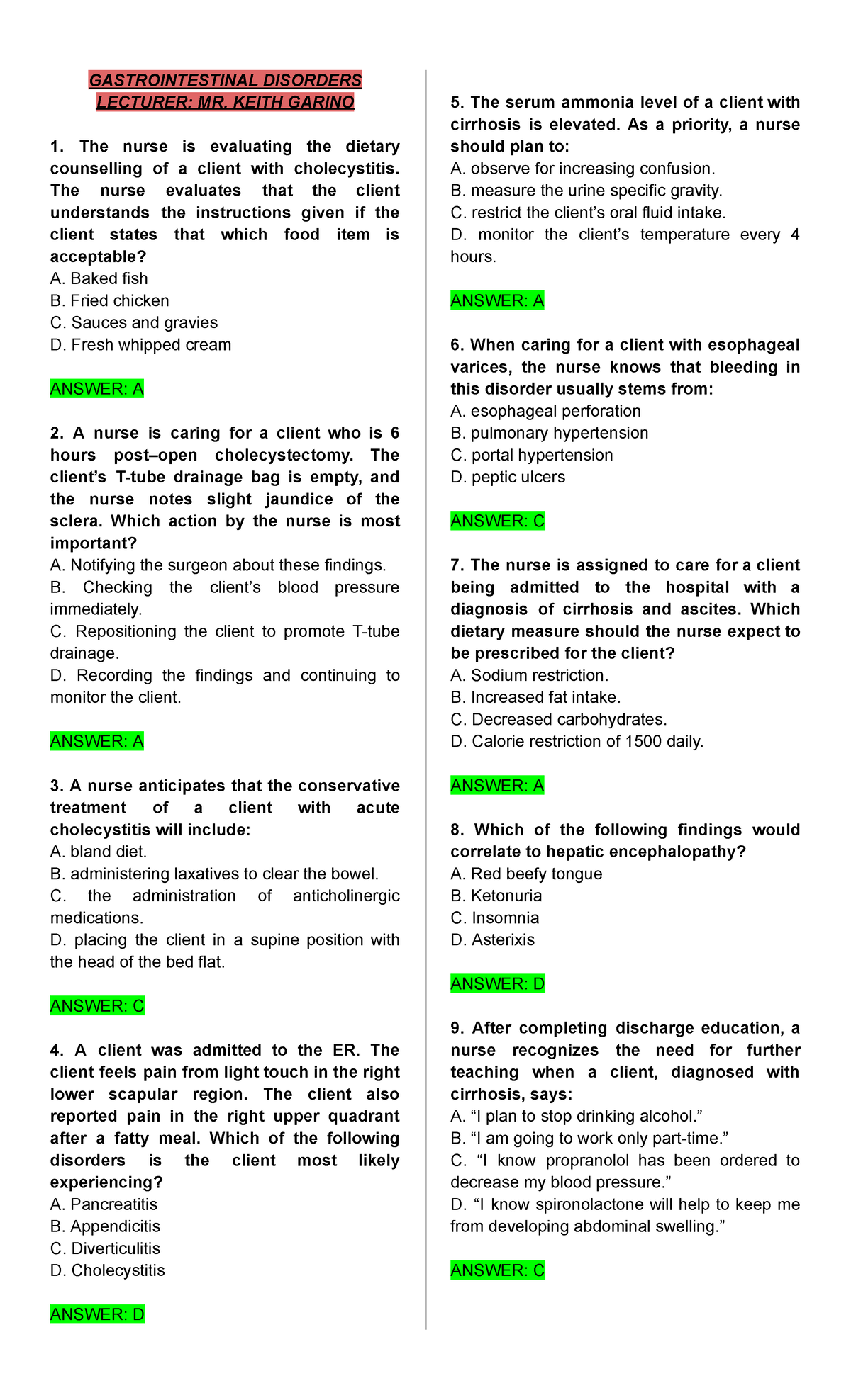 GASTROINTESTINAL DISORDERS LECTURE NOTES - FINAL EXAM PREP - Studocu