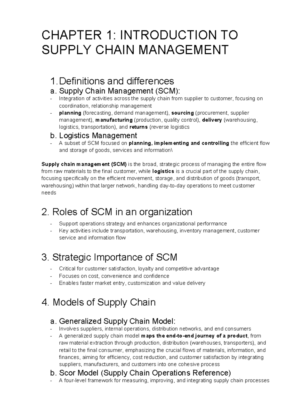 CHAPTER 1: INTRODUCTION TO SUPPLY CHAIN MANAGEMENT (SCM) Notes - Studocu