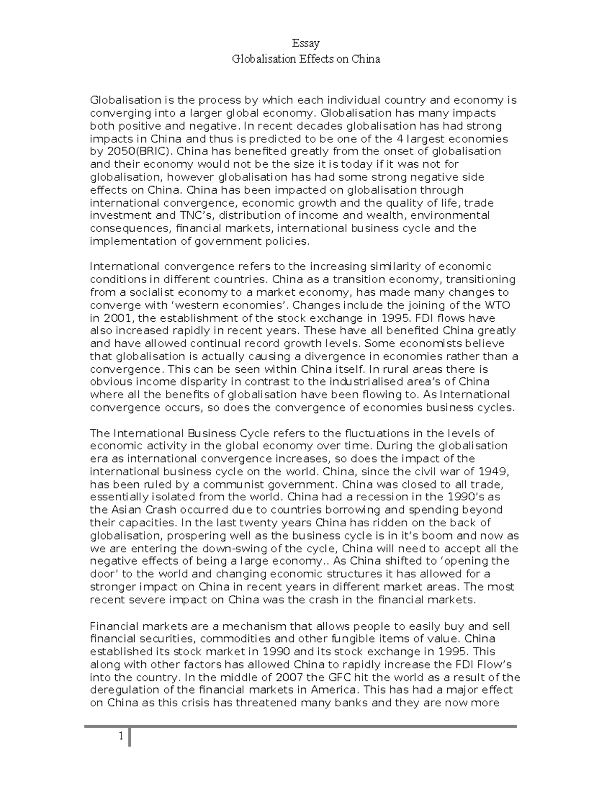 Economies Resources - Essay - Effects of Globalisation on China - Studocu