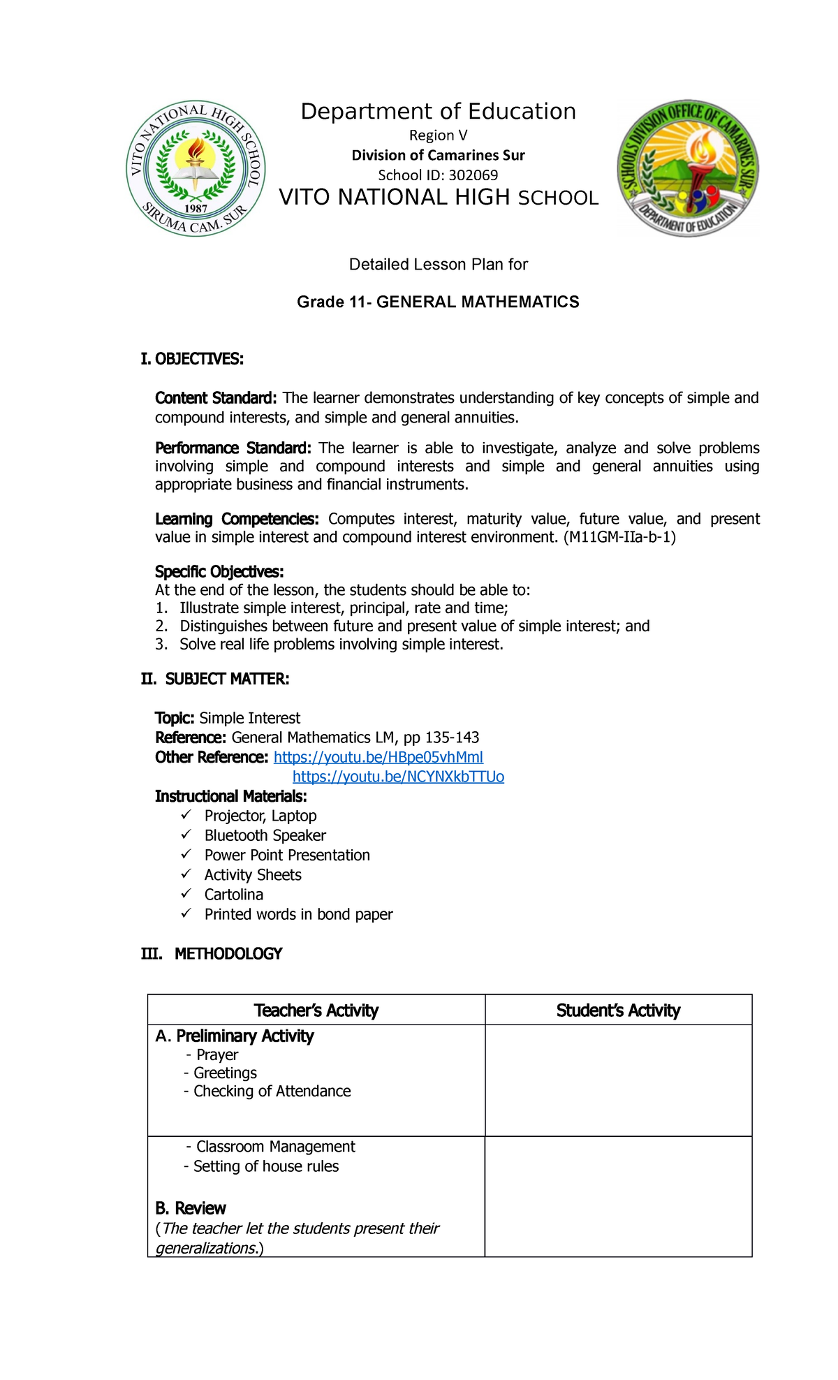 DLP - Detailed Lesson Plan for Grade 11 General Mathematics on Simple ...