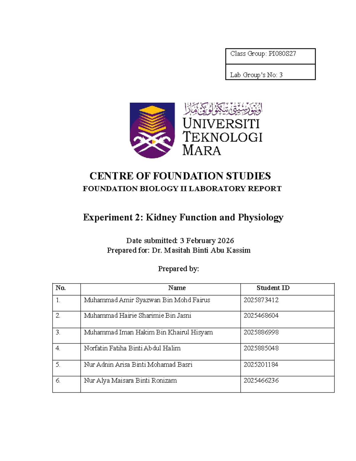 Lab Report: Kidney Function & Physiology - Bio II (PI080S27) - Studocu