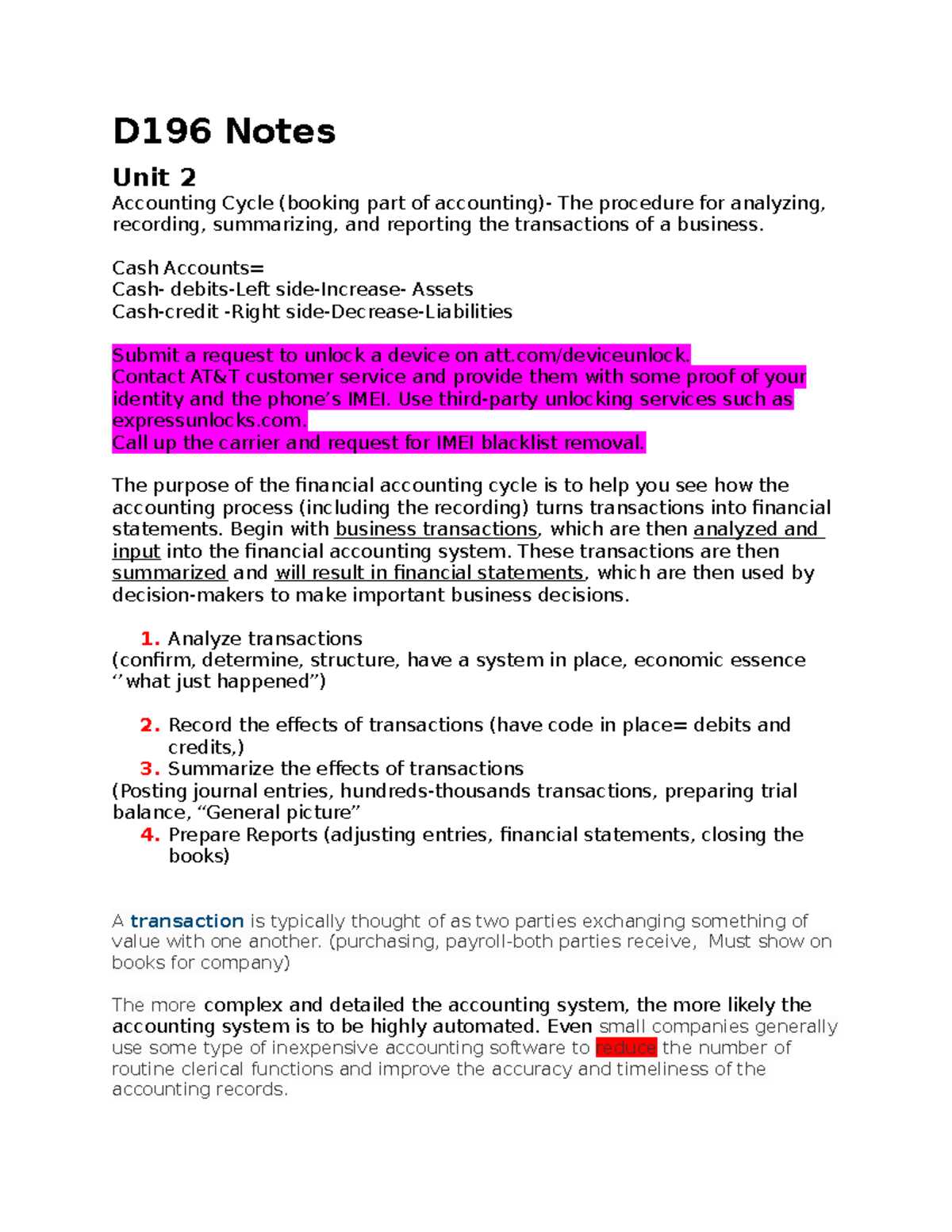 D196 Unit 2 Notes: Understanding the Accounting Cycle and Financial ...