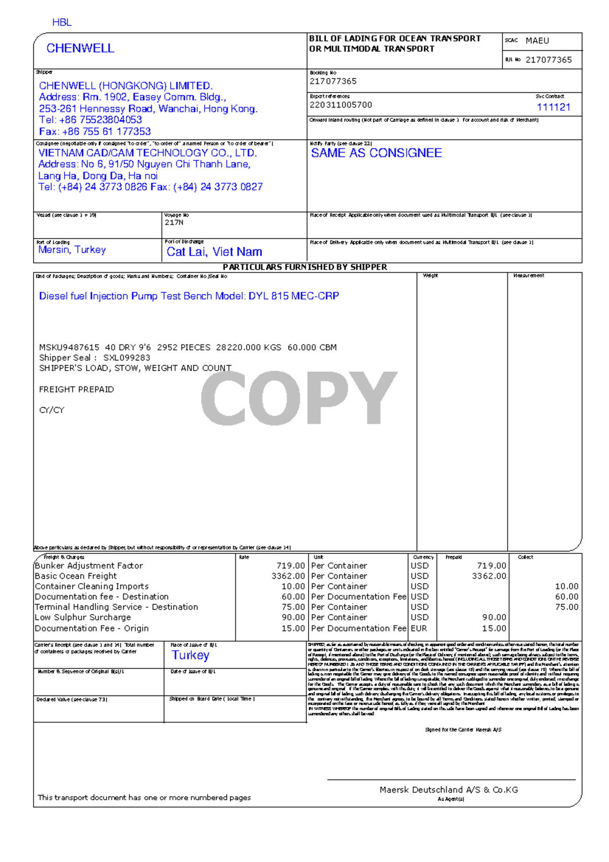 HBL Bill of Lading for Ocean/Multimodal Transport - MAEU 217077365 ...